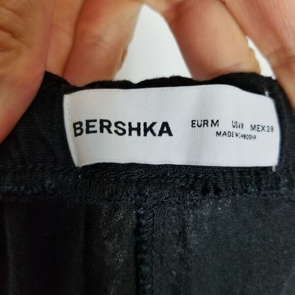 Bershka Women Linen Blend Wide Leg Pants Sz M Black Pull On Drawstring Beach - Picture 5 of 6